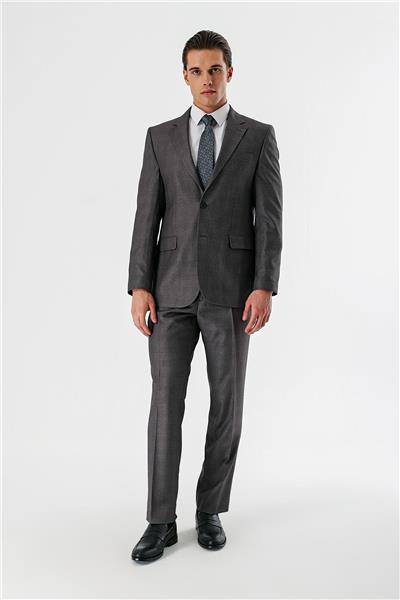 Gri Ekoseli Mono Yaka Çift Yırtmaç 6 Drop Comfort Rahat Kesim Klasik Takım Elbise 1001240160