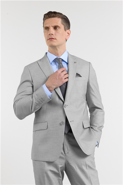 Gri - Ekru Kılıç Yaka Düz Armürlü 6 Drop Slim Fit Esnek Takım Elbise 1001260163