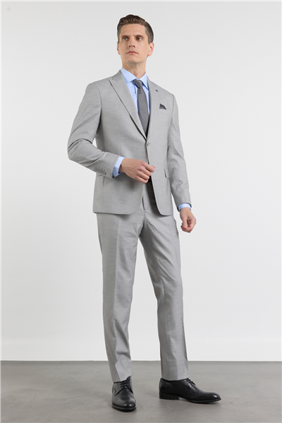 Gri - Ekru Kılıç Yaka Düz Armürlü 6 Drop Slim Fit Esnek Takım Elbise 1001260163