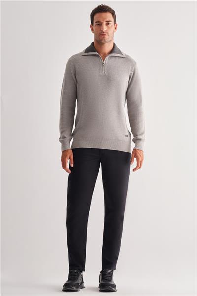 Gri Fermuarlı Yarım Balıkçı Uzun Kol Cepsiz Comfort Fit Casual Pamuklu Triko Kazak 1012255204