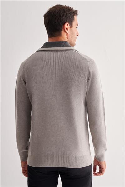 Gri Fermuarlı Yarım Balıkçı Uzun Kol Cepsiz Comfort Fit Casual Pamuklu Triko Kazak 1012255204