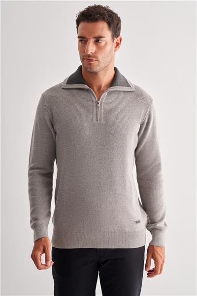 Gri Fermuarlı Yarım Balıkçı Uzun Kol Cepsiz Comfort Fit Casual Pamuklu Triko Kazak 1012255204