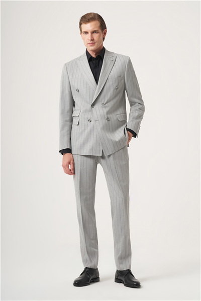 Gri-Füme Kırlangıç Yaka Çizgili Kruvaze 6 Drop Slim Fit Tam Astar Esnek Takım Elbise 1001260286