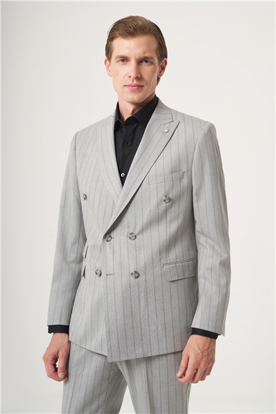 Gri-Füme Kırlangıç Yaka Çizgili Kruvaze 6 Drop Slim Fit Tam Astar Esnek Takım Elbise 1001260286