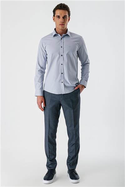 Gri Uzun Kollu Armürlü Cepsiz Pamuklu Likralı Slim Fit Dar Kesim Gömlek 1004240193