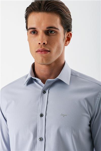 Gri Uzun Kollu Armürlü Cepsiz Pamuklu Likralı Slim Fit Dar Kesim Gömlek 1004240193