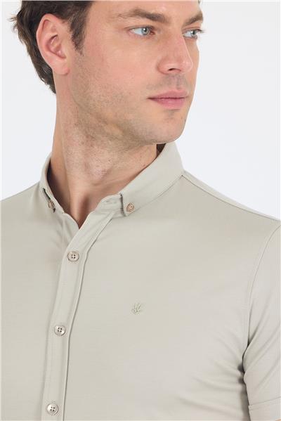 Gri italyan Düğmeli Yaka Kısa Kol Cepsiz Slim Fit Gömlek 1004250255