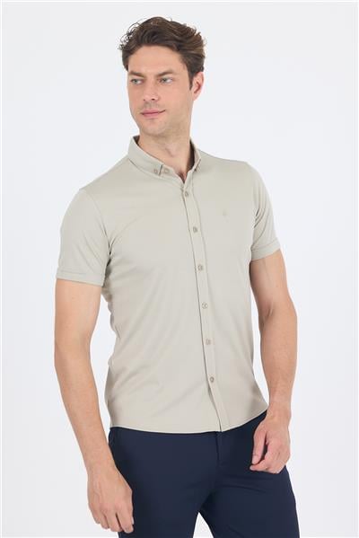Gri italyan Düğmeli Yaka Kısa Kol Cepsiz Slim Fit Gömlek 1004250255