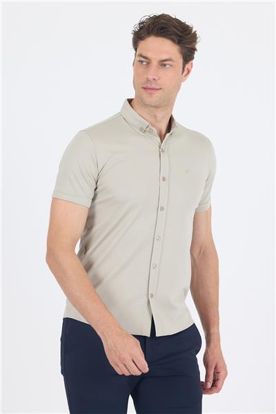 Gri italyan Düğmeli Yaka Kısa Kol Cepsiz Slim Fit Gömlek 1004250255