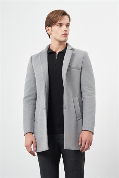Gri Kaşe Dik Yaka Kapitoneli Astar Slim Fit Dar Kesim Klasik Kaban 1008245171