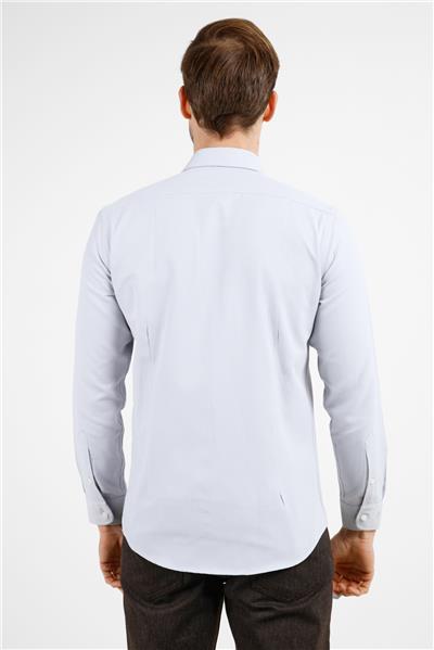 Gri Dokulu Sert Yaka Uzun Kol Cepsiz Slim Fit Pamuklu Gömlek 1004255283