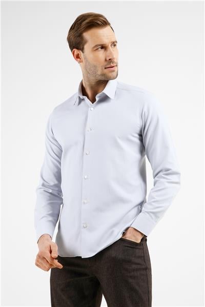 Gri Dokulu Sert Yaka Uzun Kol Cepsiz Slim Fit Pamuklu Gömlek 1004255283