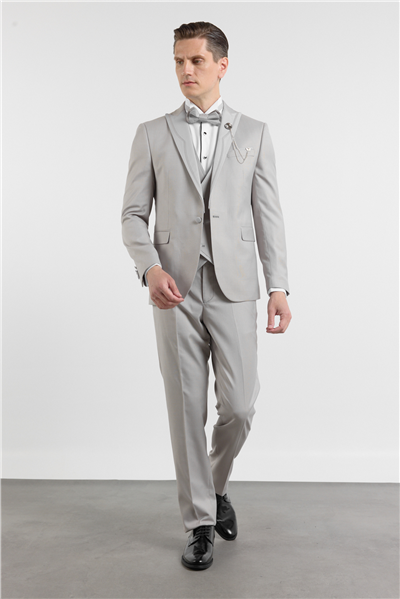 Gri Kılıç Yaka Çift Yırtmaç Esnek 6 Drop Slim Fit Damatlık Takım Elbise 1001250205