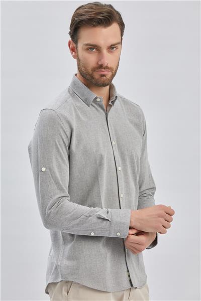 Gri Kısalabilir Kollu Armürlü Biritli Yaka Pamuklu Casual Slim Fit Dar Kesim Gömlek 1004240202