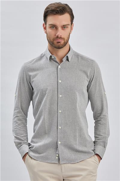 Gri Kısalabilir Kollu Armürlü Biritli Yaka Pamuklu Casual Slim Fit Dar Kesim Gömlek 1004240202