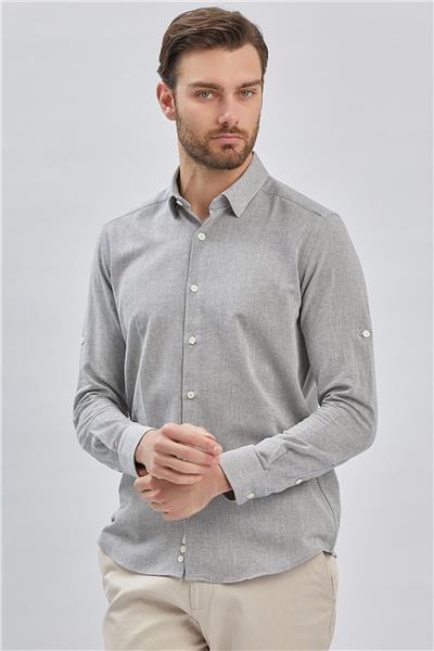 Gri Kısalabilir Kollu Armürlü Biritli Yaka Pamuklu Casual Slim Fit Dar Kesim Gömlek 1004240202
