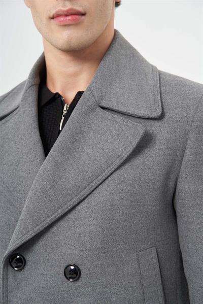 Gri Kruvaze Kaşe Kırlangıç Yaka Düz Tek Yırtmaç Tam Astar Slim Fit Classic Palto 1005245151
