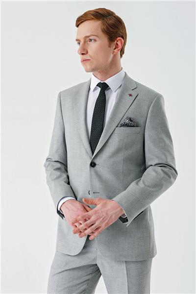 Gri Mono Yaka Çift Yırtmaç 6 Drop Comfort Fit Rahat Kesim Klasik Takım Elbise 1001240102