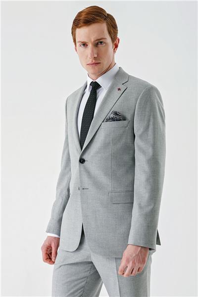 Gri Mono Yaka Çift Yırtmaç 6 Drop Comfort Fit Rahat Kesim Klasik Takım Elbise 1001240102