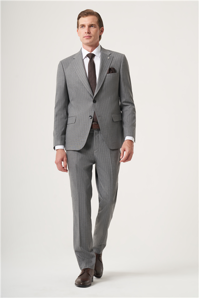 Gri Mono Yaka Çizgili 6 Drop Slim Fit Tam Astar Esnek Takım Elbise 1001260149