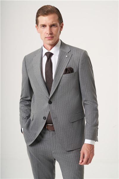 Gri Mono Yaka Çizgili 6 Drop Slim Fit Tam Astar Esnek Takım Elbise 1001260149