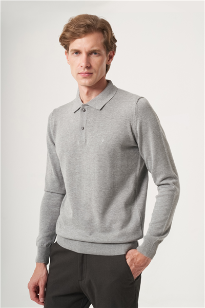 Gri Polo Yaka Uzun Kol Örme Comfort Fit Pamuklu Kazak 1012265150