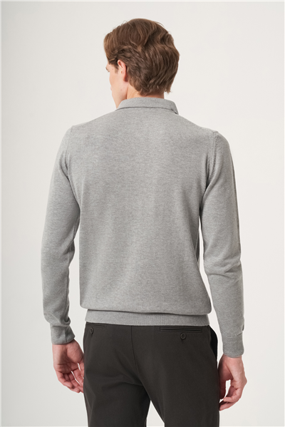 Gri Polo Yaka Uzun Kol Örme Comfort Fit Pamuklu Kazak 1012265150