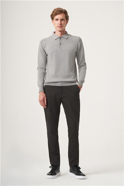 Gri Polo Yaka Uzun Kol Örme Comfort Fit Pamuklu Kazak 1012265150