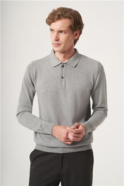 Gri Polo Yaka Uzun Kol Örme Comfort Fit Pamuklu Kazak 1012265150