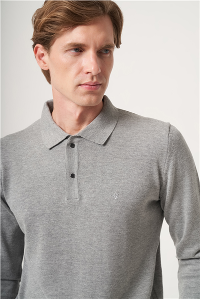 Gri Polo Yaka Uzun Kol Örme Comfort Fit Pamuklu Kazak 1012265150
