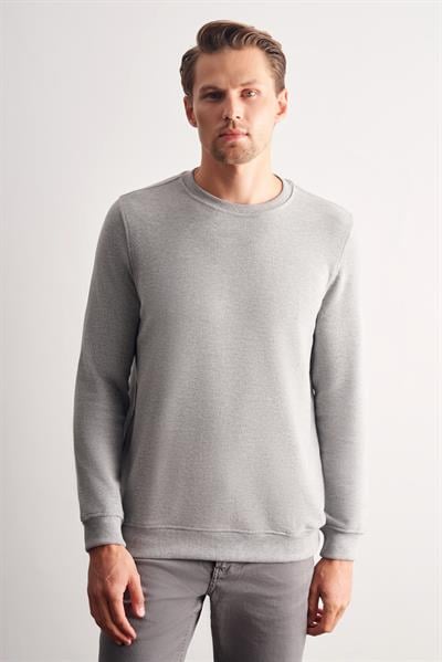 Gri Uzun Kol Bisiklet Yaka Düz Pamuklu Comfort Fit Sweatshirt 1013255150