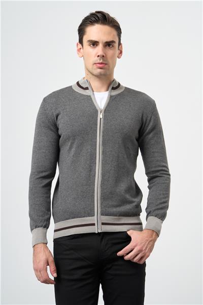 Gri Uzun Kol Düz Örme Dik Yaka Classic Slim Fit Triko 1012245203