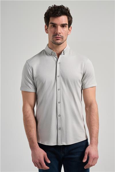 Gri Kısa Kol Düz Örme Düğmeli Yaka Pamuklu Slim Fit Gömlek 1004250152