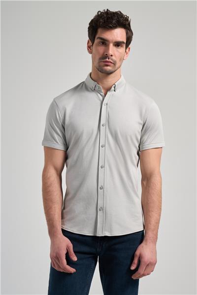 Gri Kısa Kol Düz Örme Düğmeli Yaka Pamuklu Slim Fit Gömlek 1004250152