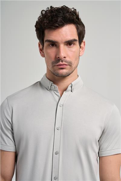 Gri Kısa Kol Düz Örme Düğmeli Yaka Pamuklu Slim Fit Gömlek 1004250152