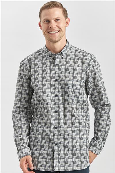 Gri Uzun Kol Kendinden BASKILI Perfectto Classic Comfort Fit Gömlek 1004240251
