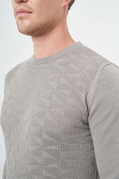 Gri Uzun Kol Kendinden Desenli Örme Bisiklet Yaka Classic Slim Fit Triko 1012245200