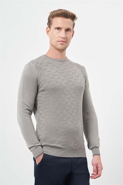 Gri Uzun Kol Kendinden Desenli Örme Bisiklet Yaka Classic Slim Fit Triko 1012245200