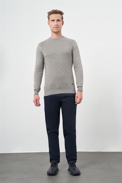 Gri Uzun Kol Kendinden Desenli Örme Bisiklet Yaka Classic Slim Fit Triko 1012245200