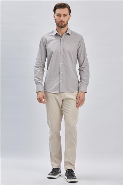 Gri Uzun Kollu Cepsiz Pamuklu Klasik Slim Fit Gömlek 1004240230