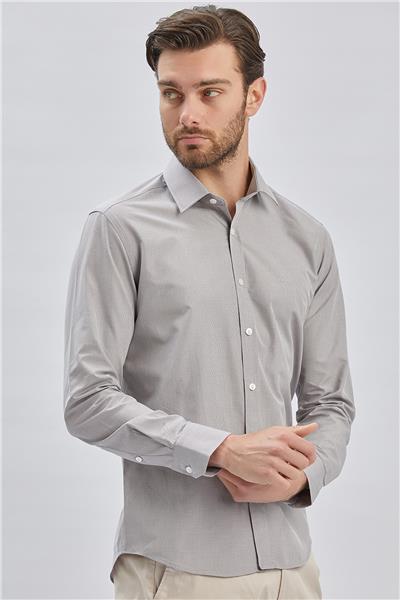 Gri Uzun Kollu Cepsiz Pamuklu Klasik Slim Fit Gömlek 1004240230