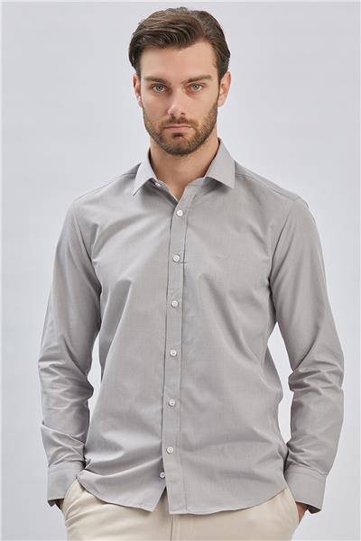 Gri Uzun Kollu Cepsiz Pamuklu Klasik Slim Fit Gömlek 1004240230