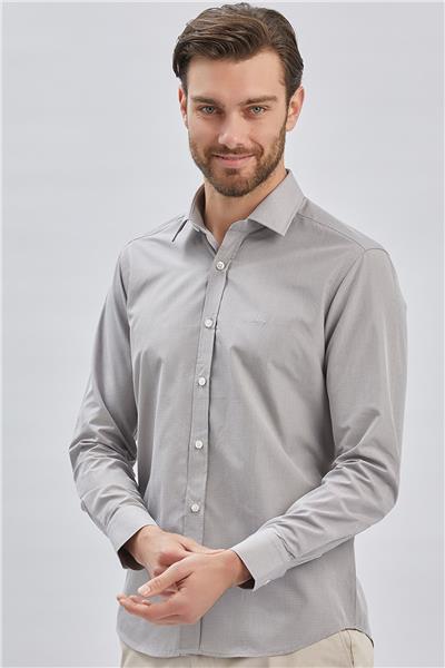 Gri Uzun Kollu Cepsiz Pamuklu Klasik Slim Fit Gömlek 1004240230