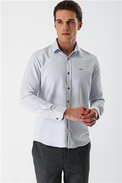 Gri Uzun Kollu Armürlü Cepsiz Pamuklu Slim Fit Gömlek 1004235171