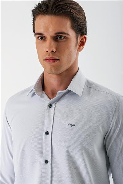 Gri Uzun Kollu Armürlü Cepsiz Pamuklu Slim Fit Gömlek 1004235171