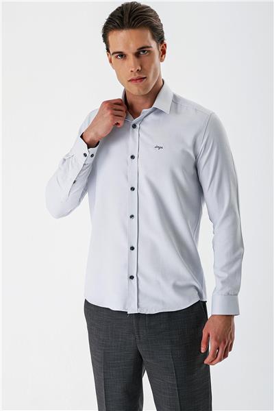 Gri Uzun Kollu Armürlü Cepsiz Pamuklu Slim Fit Gömlek 1004235171