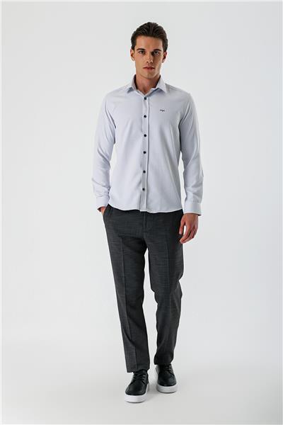 Gri Uzun Kollu Armürlü Cepsiz Pamuklu Slim Fit Gömlek 1004235171
