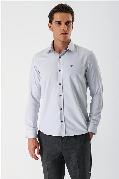 Gri Uzun Kollu Armürlü Cepsiz Pamuklu Slim Fit Gömlek 1004235171