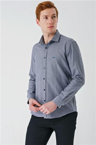 Gri Uzun Kollu Oxford Cepsiz Pamuklu Klasik Slim Fit Dar Kesim Gömlek 1004240235