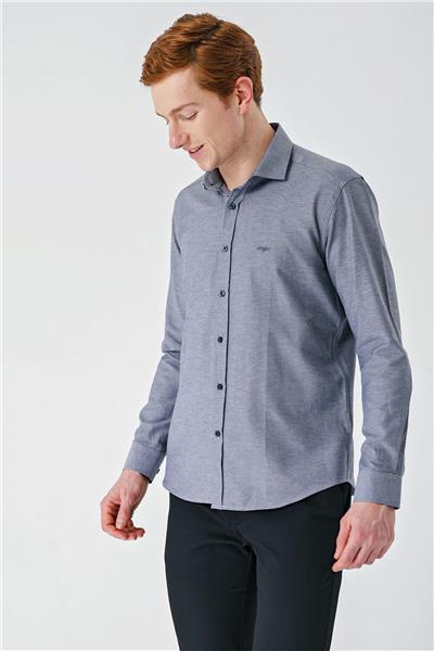 Gri Uzun Kollu Oxford Cepsiz Pamuklu Klasik Slim Fit Dar Kesim Gömlek 1004240235